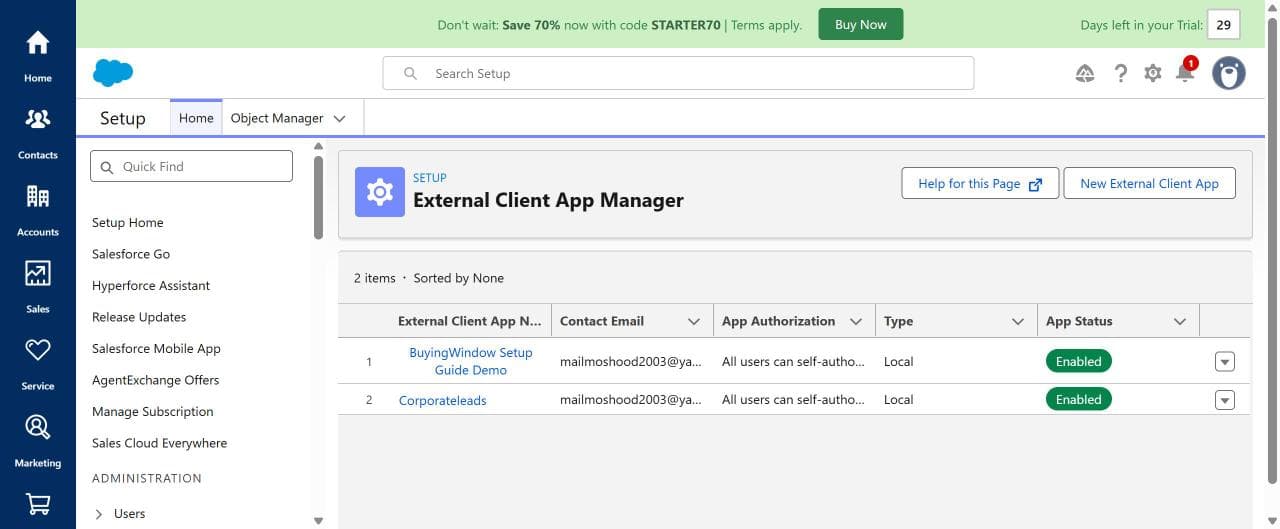 Salesforce App Manager showing a newly created Connected App alongside an existing one