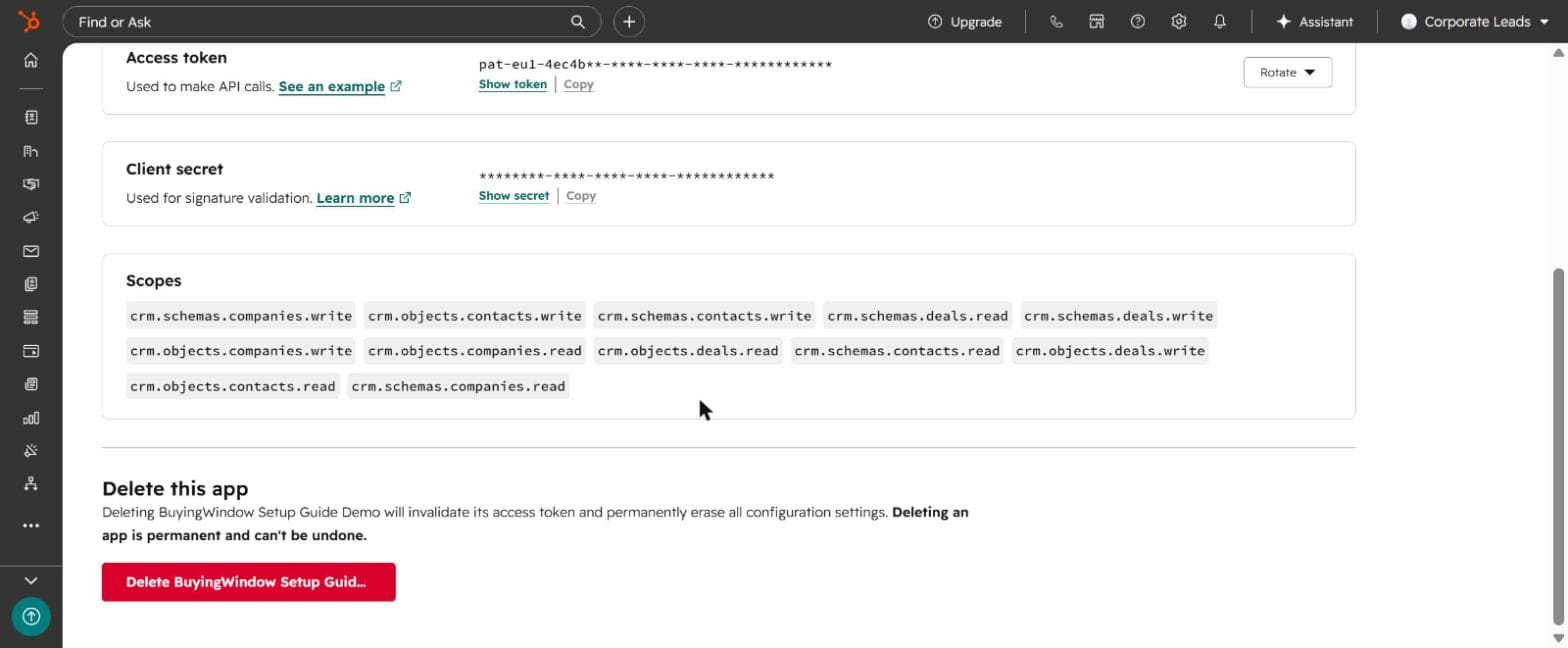 HubSpot Auth tab showing masked access token and client secret, plus all 12 selected scopes