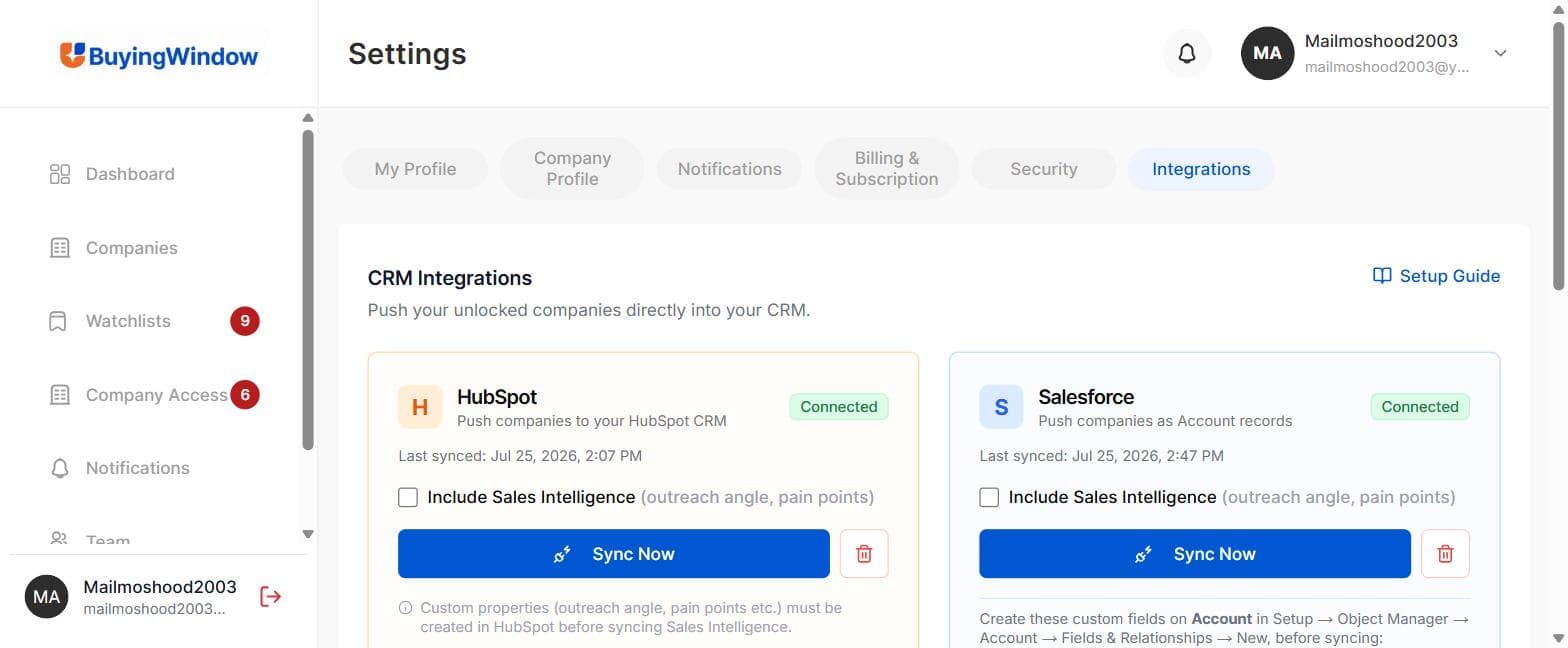 Acitinar Settings page showing both HubSpot and Salesforce cards marked Connected