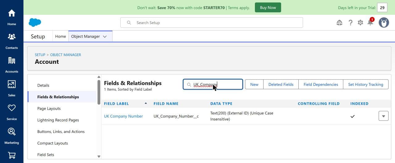 UK Company Number field configured as Text(200), External ID, Unique Case Insensitive