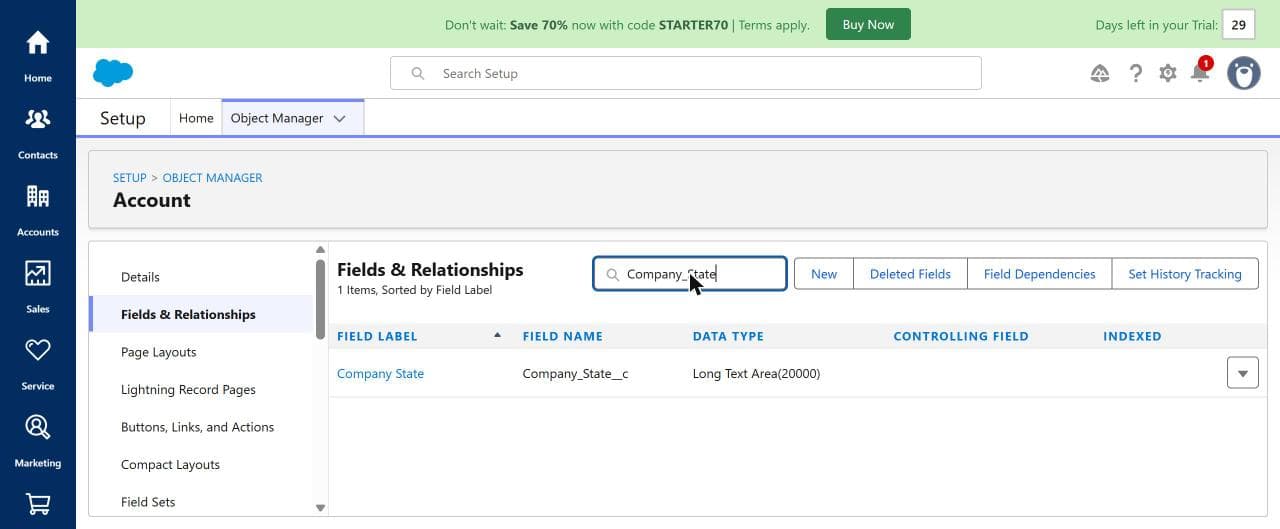 Company State field configured as Long Text Area with 20000 characters