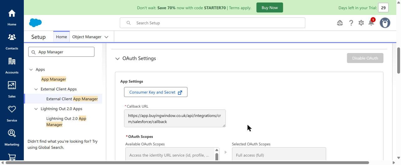 Salesforce OAuth Settings panel with the correct callback URL and Full access scope selected
