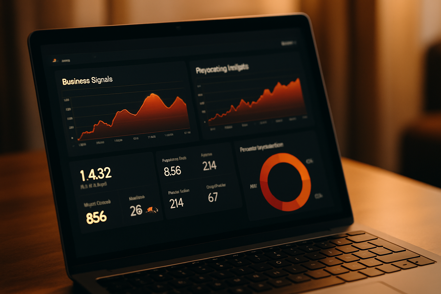 Digital dashboard displaying commercial intelligence tools with business signals and insights on a dark background with orange accents.